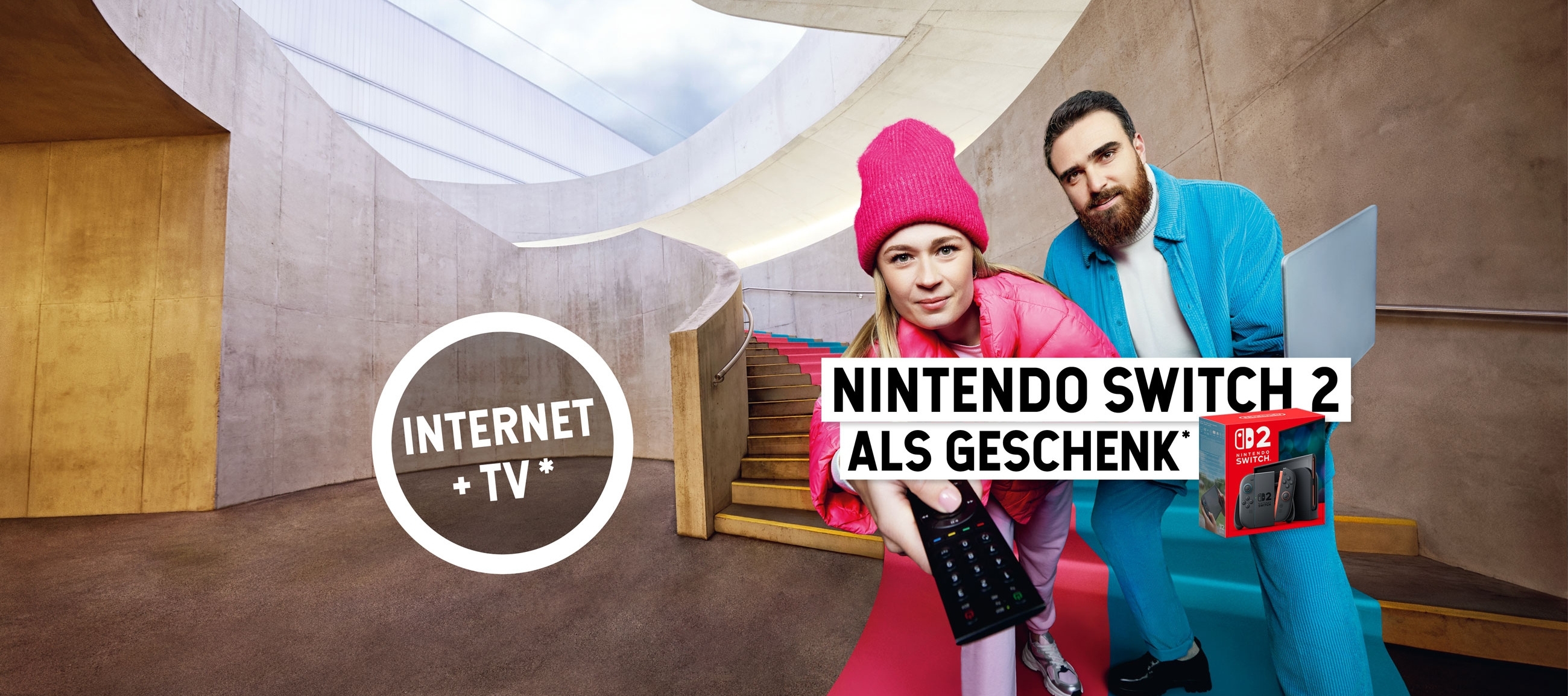 Eine Nintendo Switch 2 geschenkt bei Abschluss eines Combo Internet + TV Abos. Angebot gültig vom 26. November 2025 bis 13. Januar 2026.